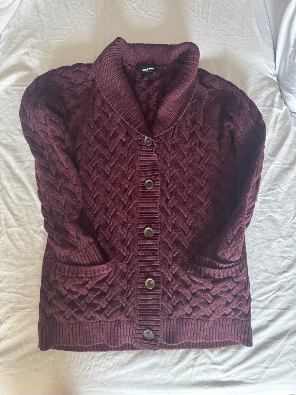 Lands' End Burgundy Cable-Knit Button Cardigan